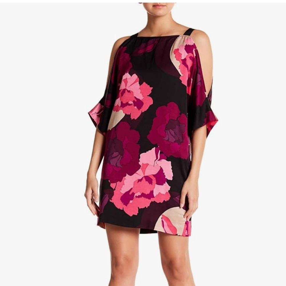 Trina Turk Black and Pink Floral Cold Shoulder Dress